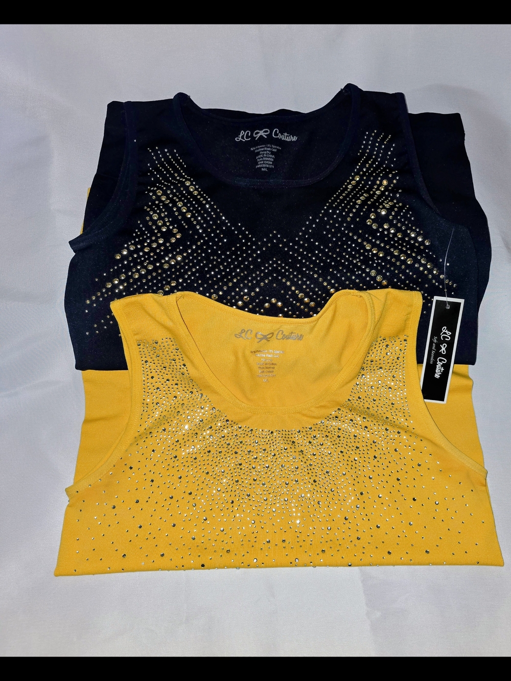 LC Couture Women's Rhinestone Accent Tank Top - Dark Blue & Yellow